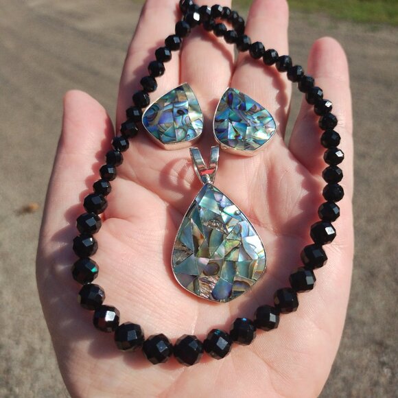 Jay King Midnight Chalcedony necklace Abalone pendant and earrings set 925 Sterl - Picture 5 of 8